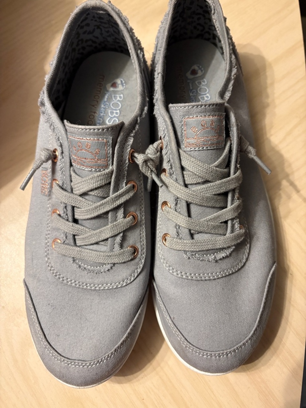 Skechers BOBS women Casual Lace-Up Sneakers in Light Gray with Rose Gold Eyelets